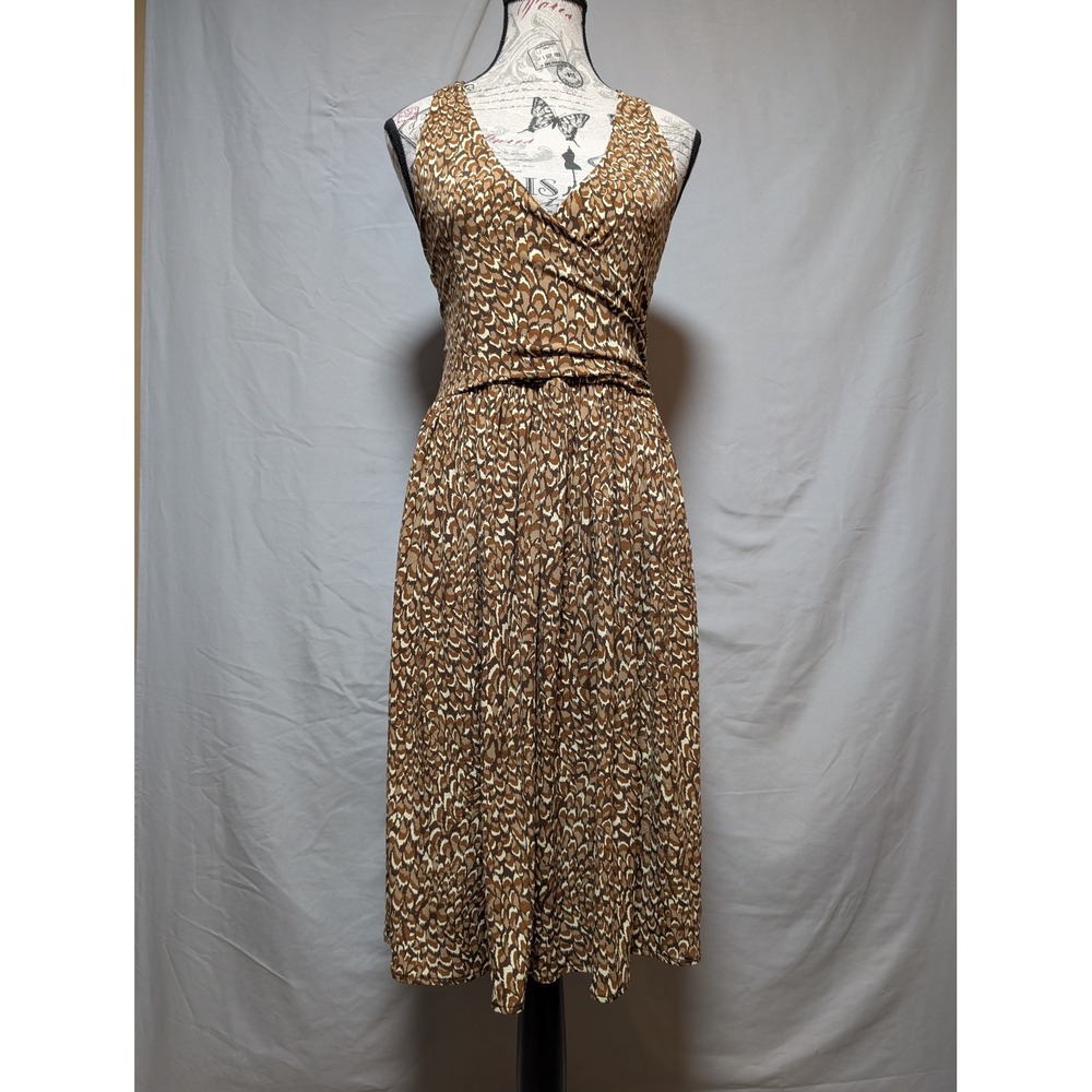 London Style Brown Feather Print Tie Back Midi Dress V-Neckline Women's 4